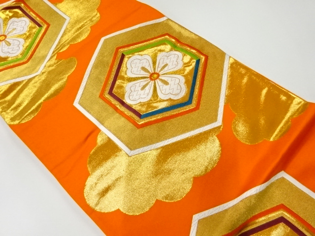 アンティーク　亀甲に花模様織出し袋帯（着用可）